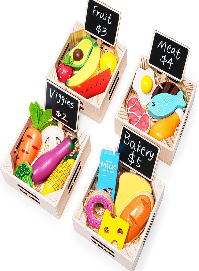 Inslat Food Groups - 20 Wooden Play Food Sets & 4 Crates & 4 Mini Blackboard & 15 Play Money, Pretend Toy Food Kitchen Accessories for Toddlers & Kids Ages 3+ - Image 1